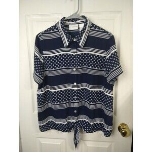 Alfred Dunner Woman 14 Shirt Semi Sheer Blue Stripe/Star Patriotic Button Tie
